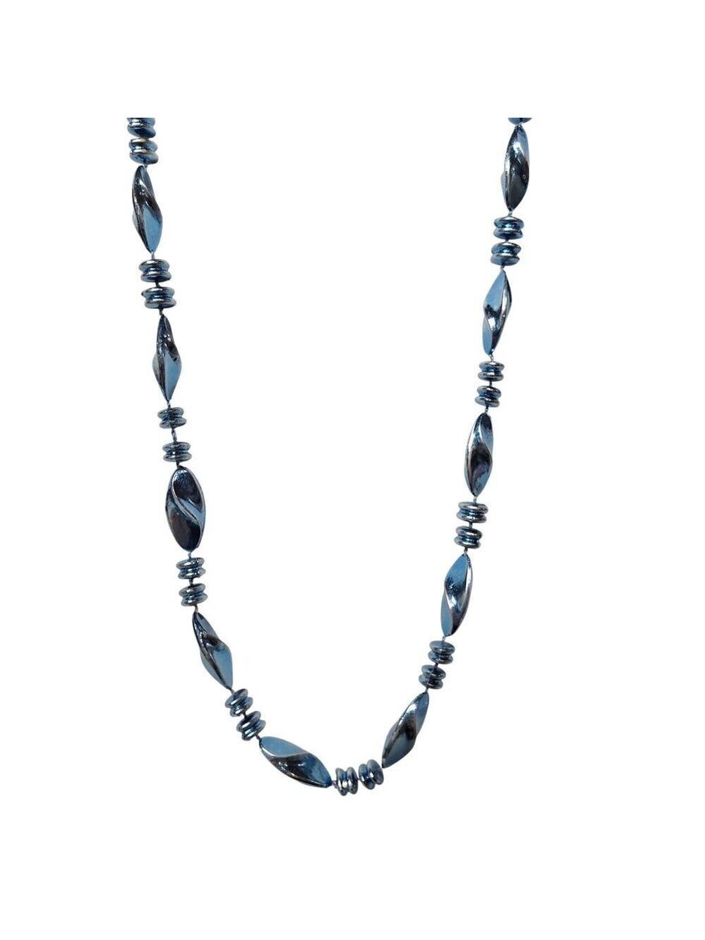 Y2K Metallic Blue Necklace Chunky Oval Beads Ribbed Spacer Chrome Retro Glam